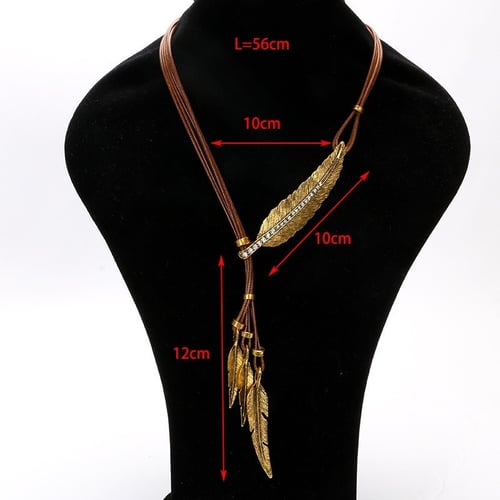 Women Bohemian Style Bronze Rope Chain Feather Pattern Pendant Choker Necklace 