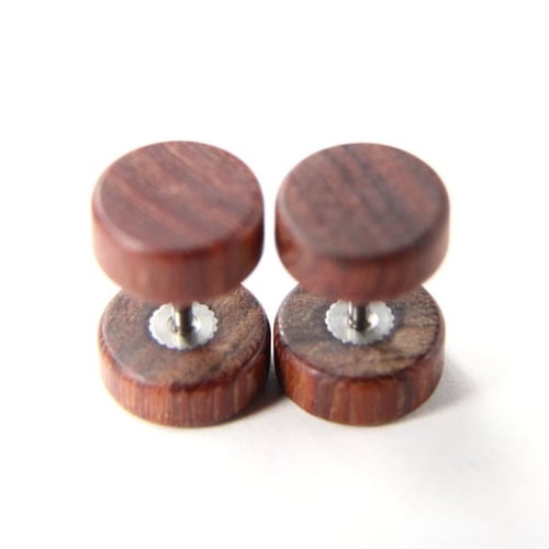 Details about   Vintage Wood Stainless Fake Cheater Ear Plugs Barbell Stud Earring Gauges Fad JB 