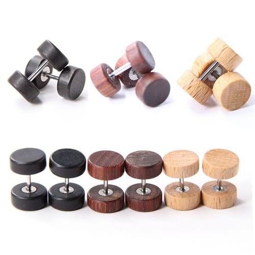 Details about   Vintage Wood Stainless Fake Cheater Ear Plugs Barbell Stud Earring Gauges Fad JB 