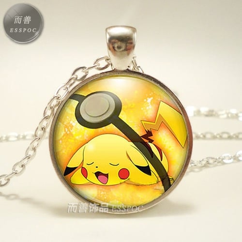 Pokemon Pikachu Pokeball Cabochon Glass Tibet Silver Chain Pendant Necklace 