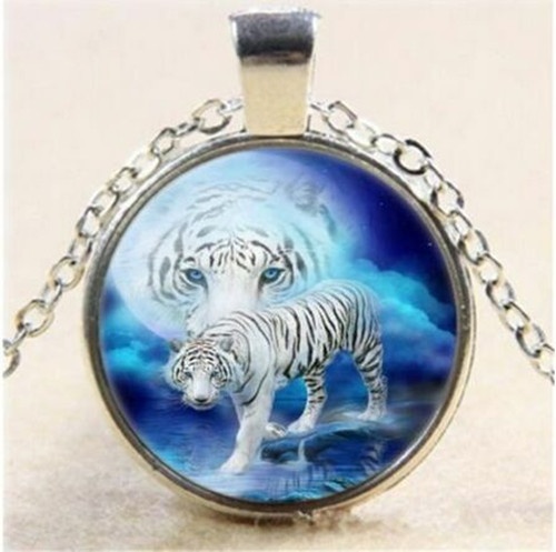 New Tiger Photo Cabochon Glass Tibet Silver Chain Pendant Necklace 