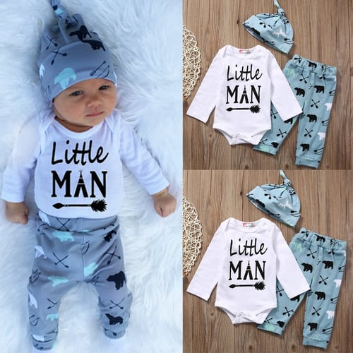 Newborn Infant Baby Boy Clothes Bear Letter Romper Pants+Hat 3PCS Outfits Set