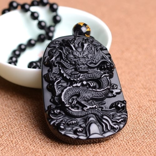 Natural obsidian dragon mascot couple pendants 