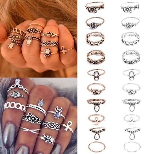 10PC/Set Women Punk Vintage Knuckle Midi Rings Tribal Ethnic Hippie Joint Ring