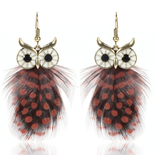 Fashion Bohemian Feather Earrings Cute Women Owl Earring Dangle Tassel Earrings 