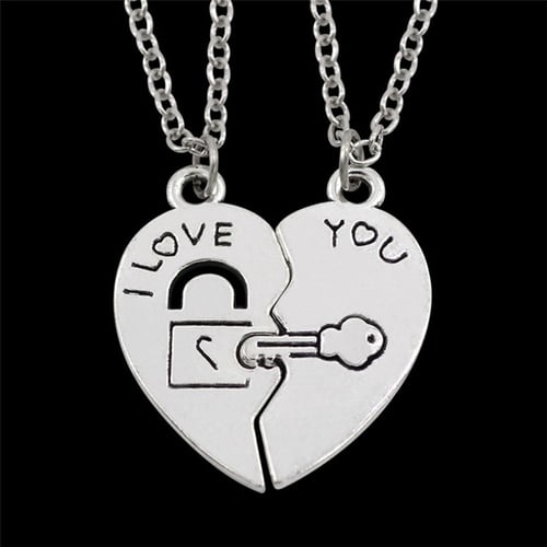 2pcs/Set I Love You Heart Lock & Key Couple Pendant Necklace Couple Chain Gifts 