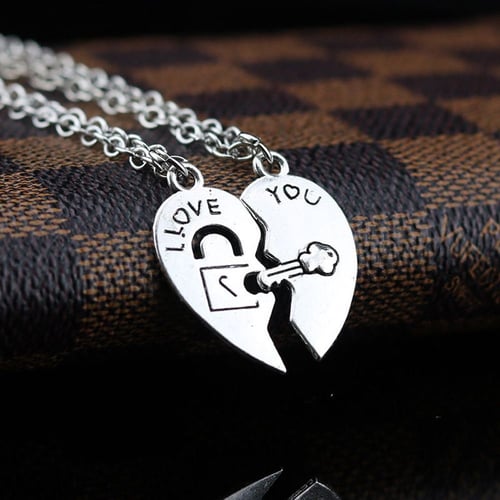 2PCS/Set I Love You Heart Lock & Key Couple Pendant Necklace Chain Gift New 