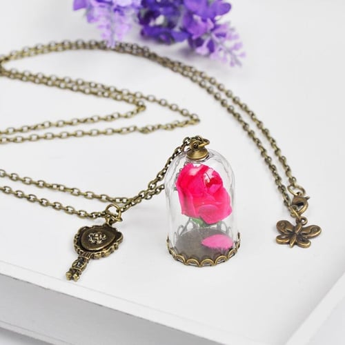 Chain Necklace Pendant Beauty and the Beast Real Rose Dried Flower Glass Bottle 