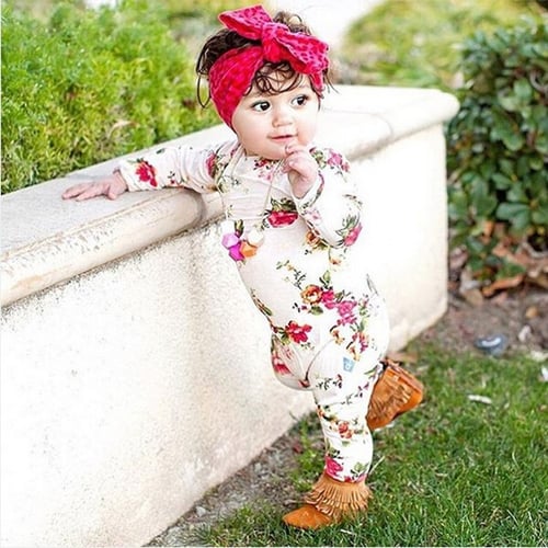Newborn Infant Baby Girls Long Sleeve Floral Romper Jumpsuit+Headband Outfits 