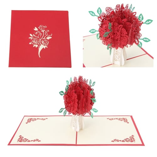 3D Rose Greeting Card Pop Up Paper Cut Postcard Valentines Birthday Wedding Gift 