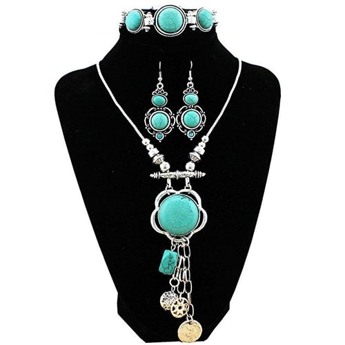 Elegant Tibetan Silver Vintage Turquoise Necklace Bracelet Earrings Jewelry Set