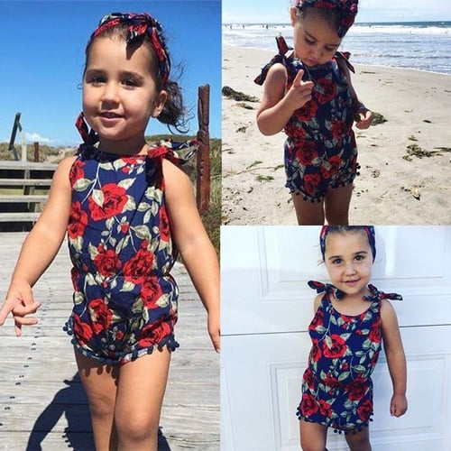 Toddler Baby Girls Lace Flower Romper Jumpsuit Sunsuit Headband Clothes Outfits 