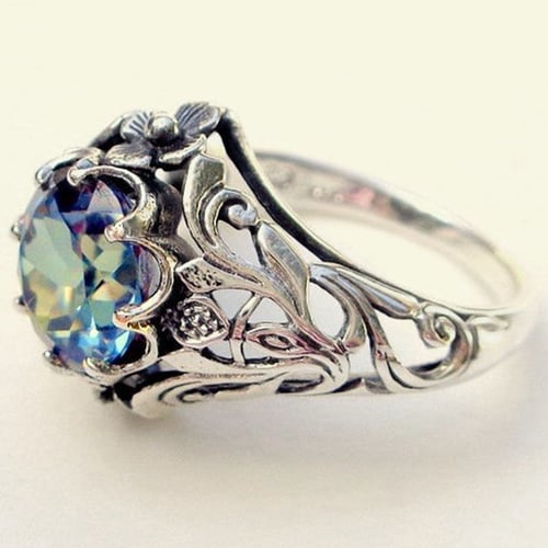 Retro Mystic Rainbow Topaz 925 Silver Ring Wedding Engagement Gemstone Diamond 