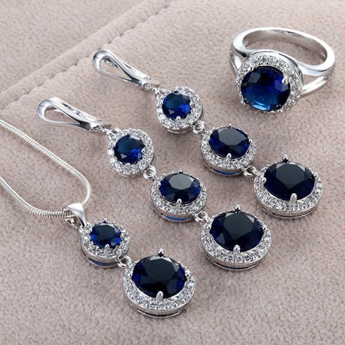 Women 925 Sterling Silver Gemstone Necklace Pendant Rings Earrings Jewelry Sets 