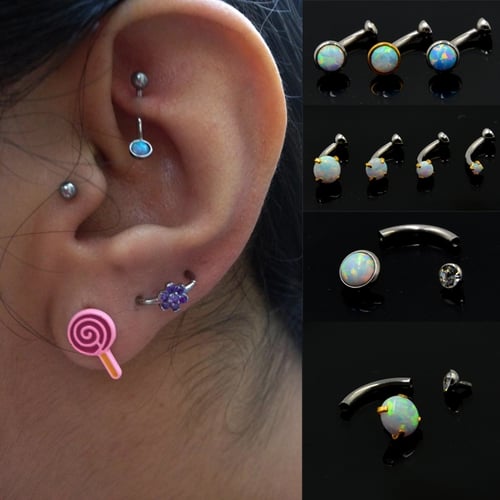 Triple OPAL Gem CARTILAGE Tragus HELIX EAR Barbell Earring Ring Piercing Jewelry