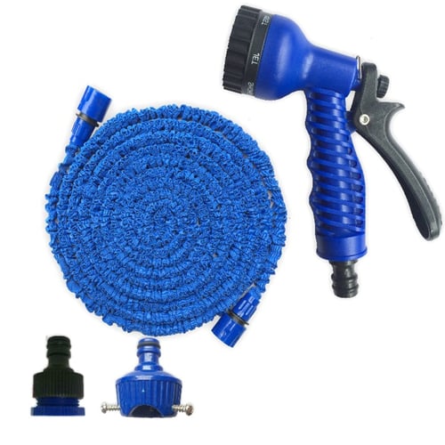 75 100 125FT Latex Expanding Flexible Garden Water Hose with Spray Nozzle Blue 