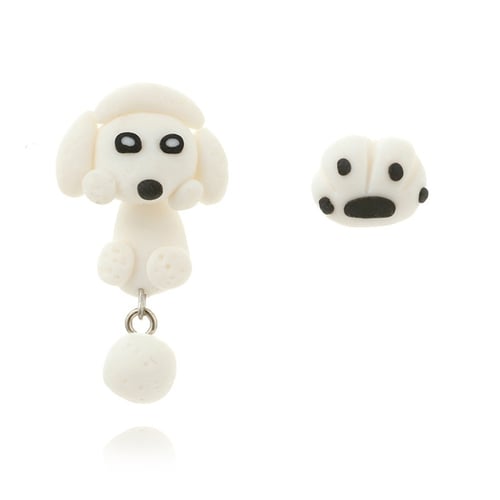 Asymmetric Girl Ear Stud 3D Dangle Puppy Poodle Polymer Clay Earrings Dog 