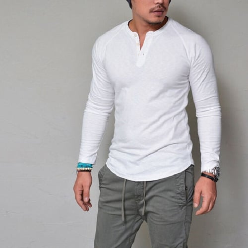 Stylish Men's  Muscle T-shirt Long Sleeve V-Neck Button Tee Tops Casual Shirts