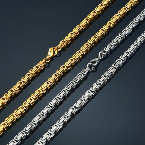 Hip Hop Men's Byzantine Chain Necklace Jewelry 18K Gold Plated Stainless Steel 