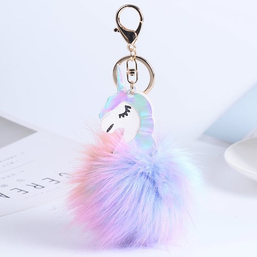 Cute Fluffy Unicorn Pompom Fur Charm Car Key Chain Bag Car Pendant Keyring Gifts