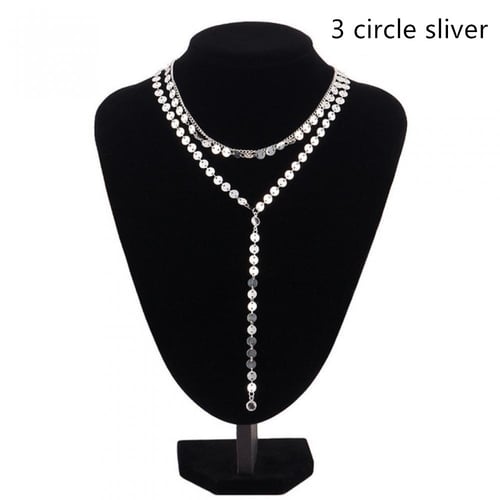 Women Sequins Tassel Pendant Chain Necklace Double Layer Choker Collar Jewelry