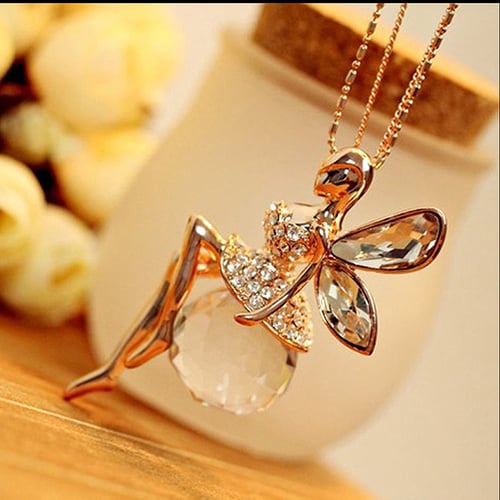 Fashion Women Crystal Fairy Angel Wing Pendant Long Chain Sweater Necklace Gift 