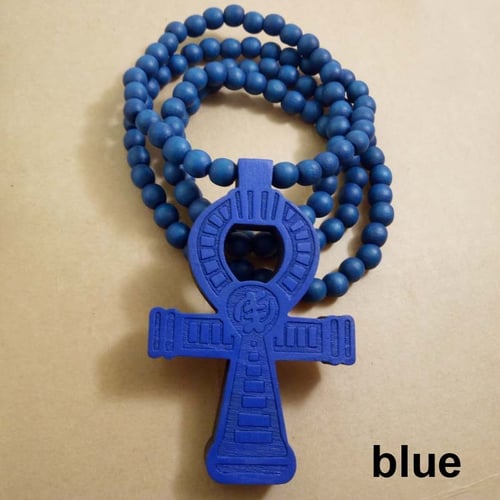 Ankh Cross Horus Eye Egyptian Wooden Long Wood Necklace Rosary Pendant Hip Hop 