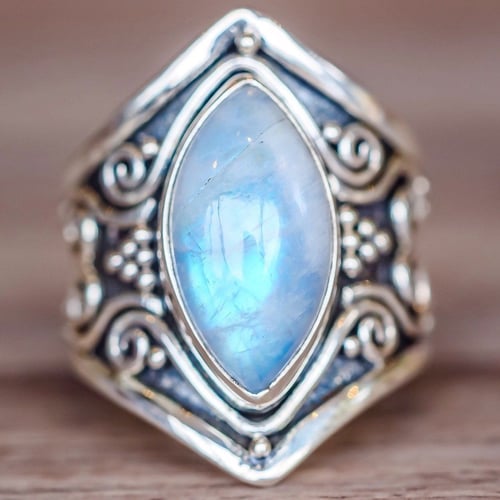 Boho Jewelry Solid Silver Natural Gemstone Marquise Moonstone Personalized Ring 