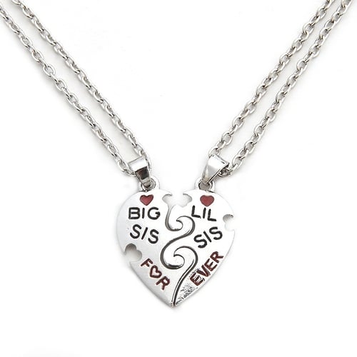 2X Big/Little Sis Sister Crystal Heart Pendant Necklace Gift For Sister Friends 