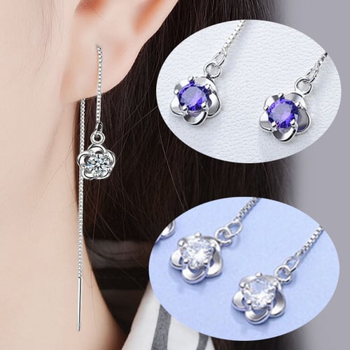 Imitation Pearl Bead Dangle Teardrop Rhinestone Threader Long Chain Earrings