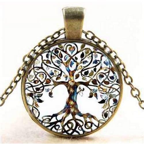 Vintage Retro Living Tree of Life Cabochon Bronze Glass Chain Pendant Necklace 