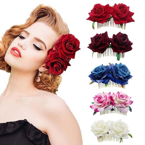 Ladies Bridal Flower Hair Comb Wedding Accessories Red Rose Hairpin Hair Jewelry 