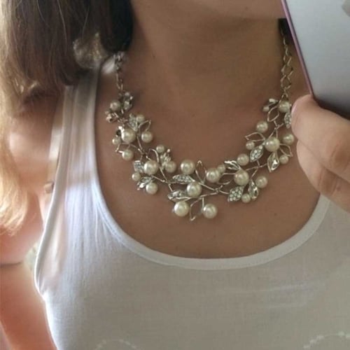 Women's Crystal Pearl Gold Silver Chain Pendant Choker Bib Necklace Set Earrings 