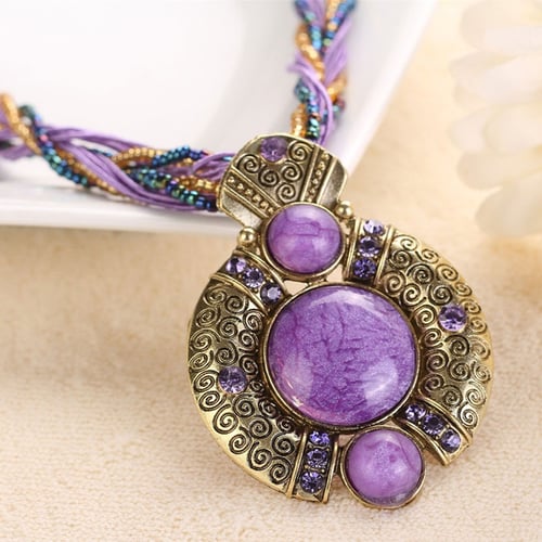 Retro Style Crystal Beads Handmade Stone Pendant Necklace Women's Jewelry S 