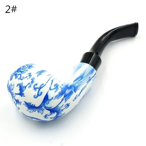 Handmade Ceramic Pipe Chinese Print Blue White Porcelain Smoking Bending Type 