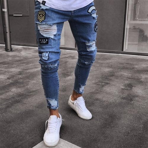 Men's Ripped Skinny Jeans Distressed Frayed Slim Denim Pants Trousers Stretchy 