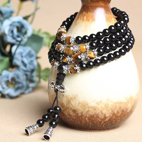 Fashion 6mm Black Agate Tiger Eye Buddhist 108 Prayer Mala Beads Bracelet W 