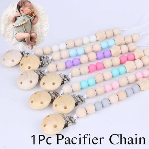 Baby Infant Wooden Beaded Pacifier Holder Nipple Clip Teether Feeder Strap Chain 