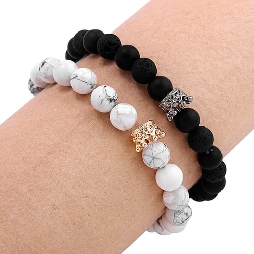 Stone Beads with Gold Silver Color Crown Bracelets For Women Men Couple Bangle 