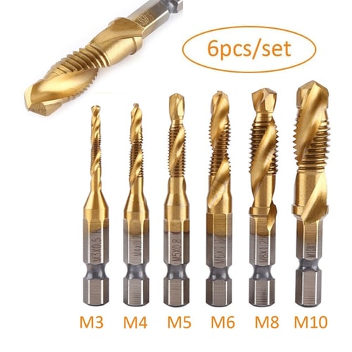 6pcs M3-M10 Titanium Coated HSS Drill and Tap Bits 1/4" Hex Shank for Drilling 