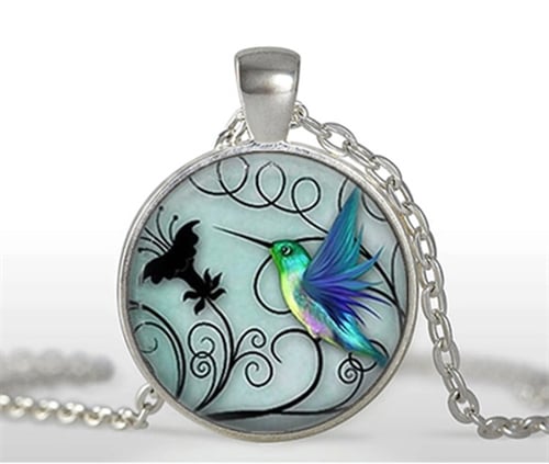 Photo Cabochon Glass Silver popular Pendants  Necklace humming_bird 