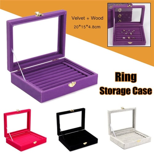 Jewelry Velvet Wood Ring Display Organizer Box Tray Holder Earring Storage Case 