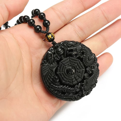 Natural Obsidian Dragon and Phoenix Necklace Pendant Fashion Lucky Amulet Hot 