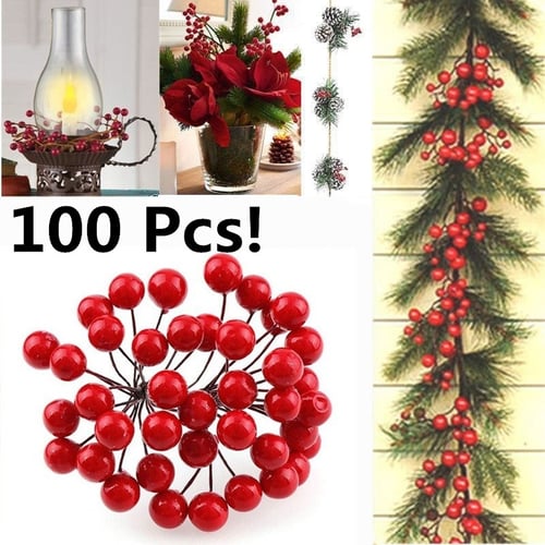 100pcs Artificial Holly Berry Leaves Xmas Party Home Decor Christmas Ornaments 