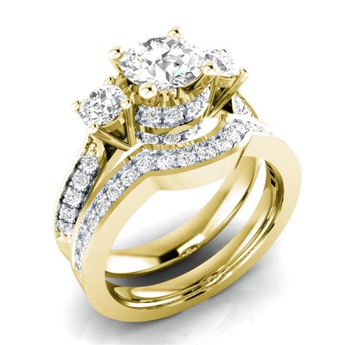 Elegant 18k Yellow Gold Plated Square Shape White Sapphire 2pcs Ring Size 6-10 