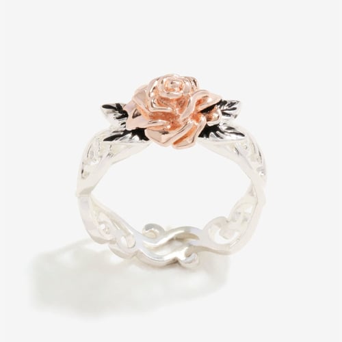 Exquisite Two Tone 925 Silver Floral Ring 14k Rose Gold Flower Wedding Jewelry