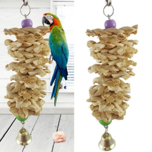 1 Pc Parrot Bird Toys Natural Wood Cuttlebone Grass Chew Bite Hanging Cage Bell 