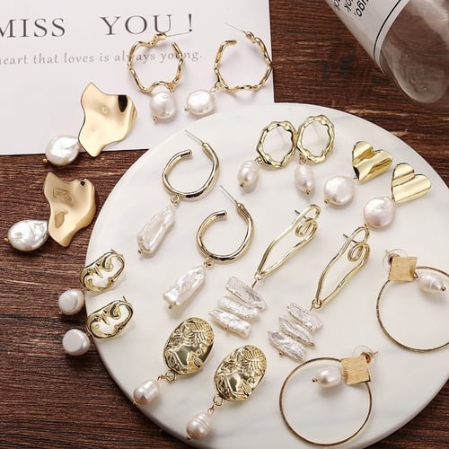 Gold/Silver Geometric Crystal Pearl Women Ear Dangle Earrings Stud Jewelry Gift 