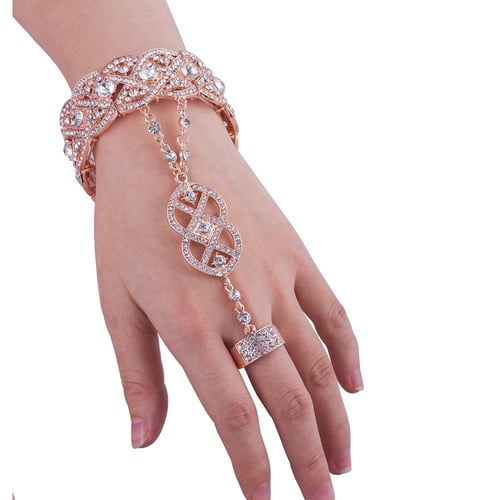 Rose Gold 1920s Flapper Accessories Bracelet Ring Set Bead Crystal Style Jewelry 