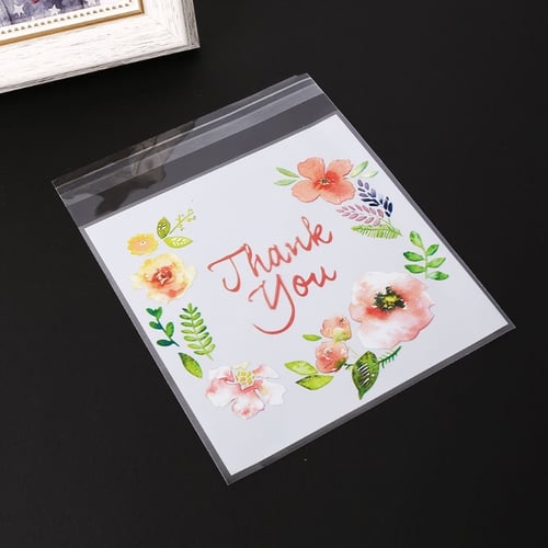 100pcs 4 Sizes Plastic Thank You Flower Package Candy Floral Self-Adhesive Bag 